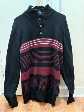Sean John Y2K Vintage Black Turtleneck Sweater with Burgundy & White Stripes XXL